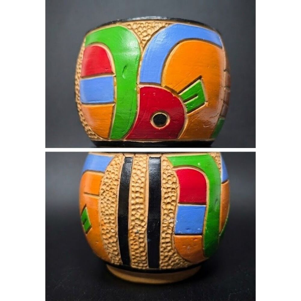 Clay Pottery Bowl Hand Carved Painted Ethnic Geometric Bird Folk Art Vessel